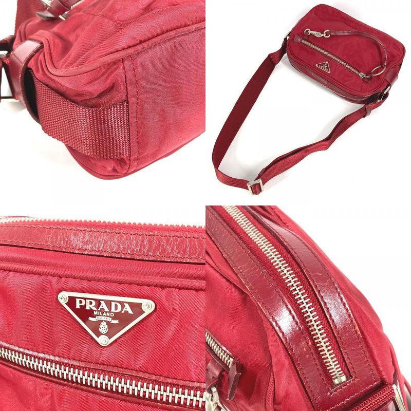 Prada Shoulder Bag Triangle Logo Triangle Logo Plate Leather / Nylon Red