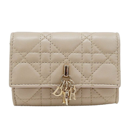 Dior Wallet Coin Case Cannage Leather Beige Small Compact Quilted
