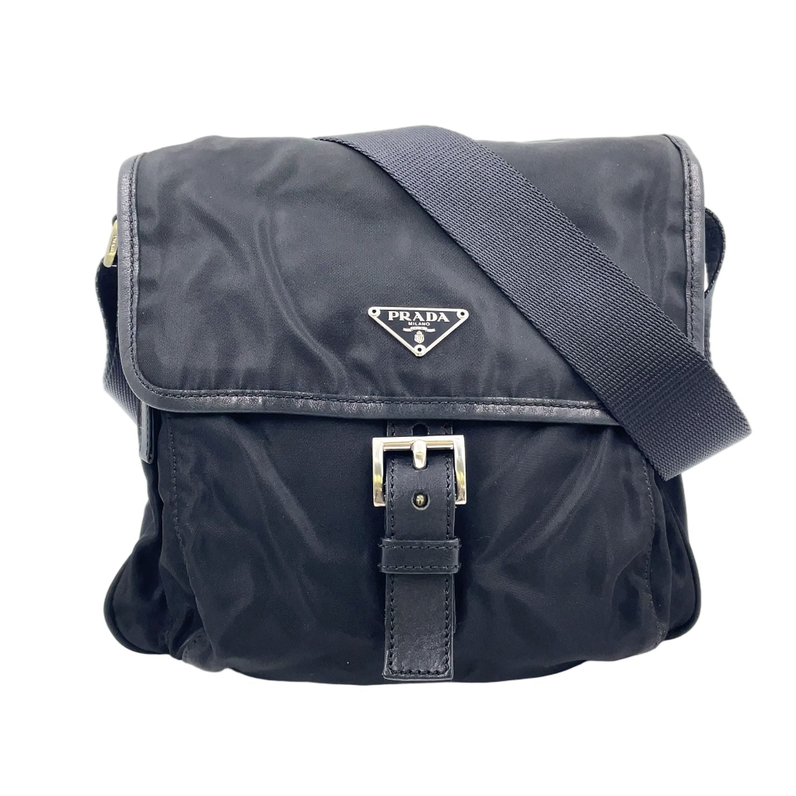 Prada Front Belt Leather Nylon Black Shoulder Bag Silver
