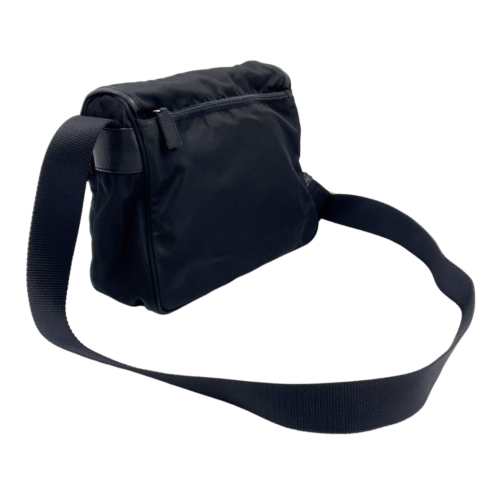 Prada Front Belt Leather Nylon Black Shoulder Bag Silver — view 2