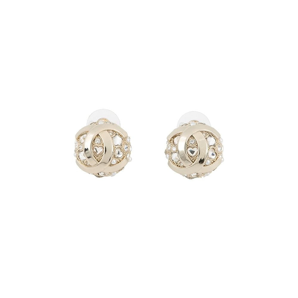 Chanel Earrings CC Logo Round Rhinestone Faux Pearl