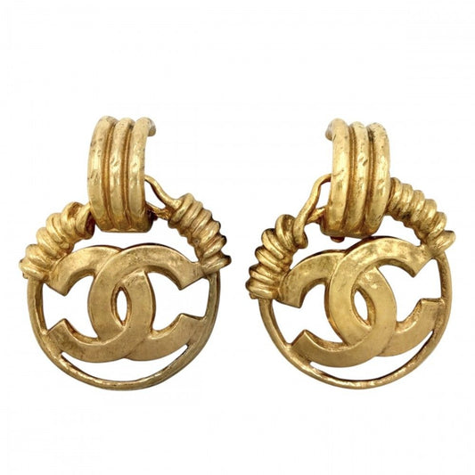 Chanel Earrings CC Logo Vintage Round Gold Plated