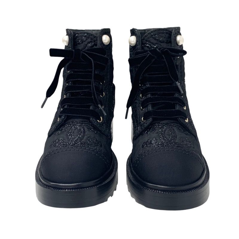 Chanel Boots Short Boots Shoes Fabric Black Here Mark Lace Up Pearl