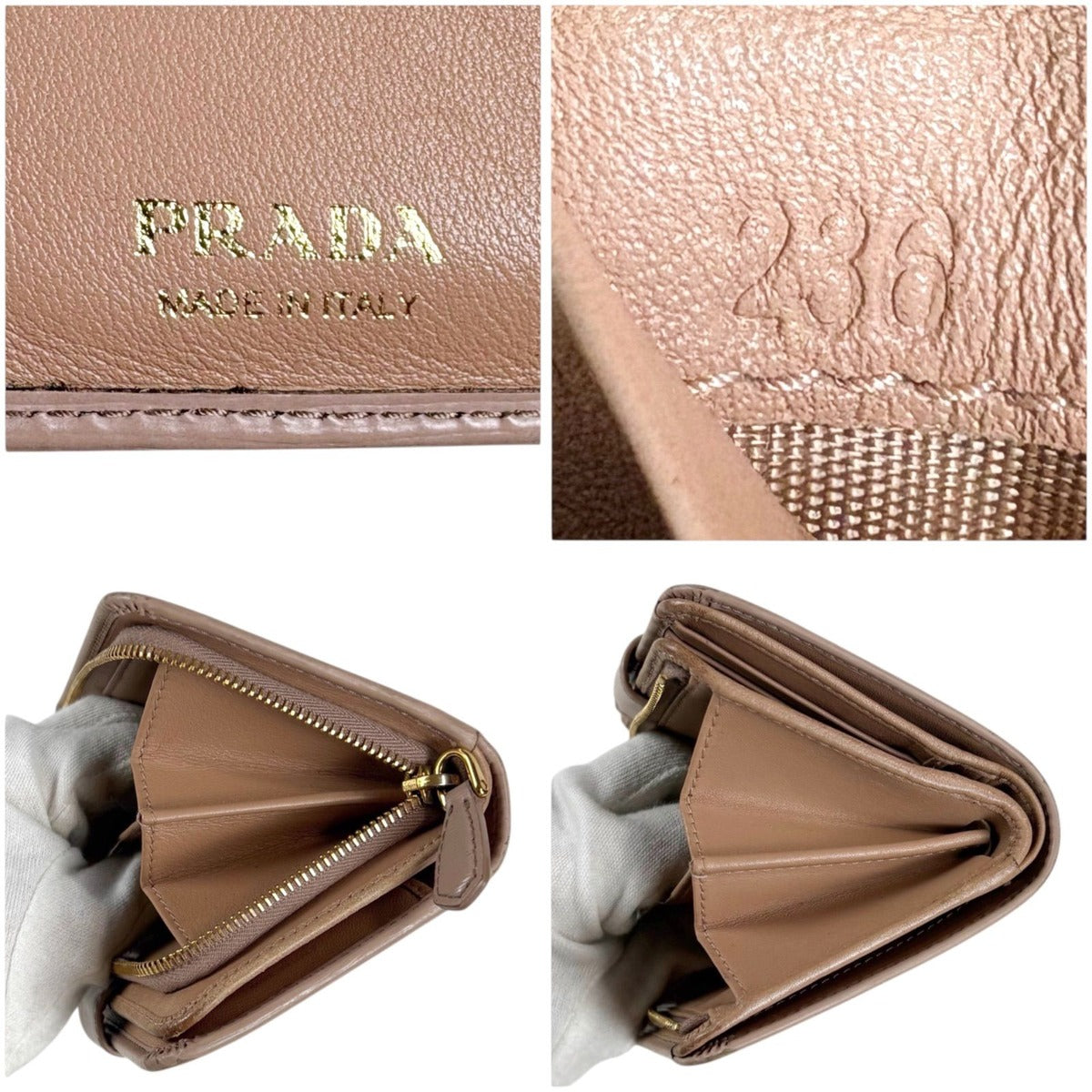 Prada Compact Wallet Bifold L-zip Leather Beige Gold — view 8