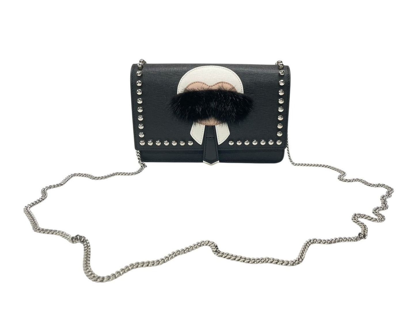Fendi Shoulder Bag Chain Wallet Karl Lagerfeld Leather Black Silver