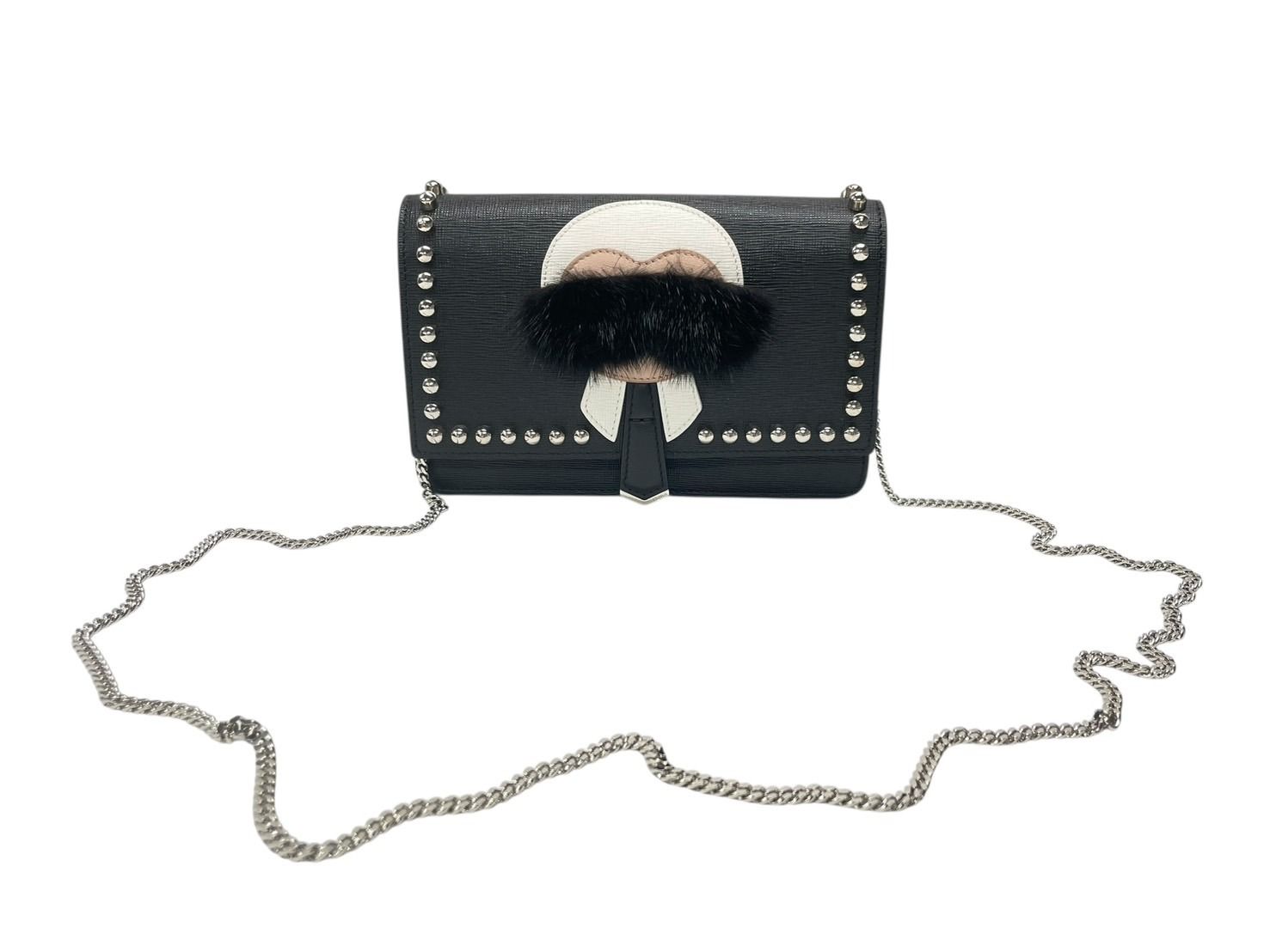 Fendi Shoulder Bag Chain Wallet Karl Lagerfeld Leather Black Silver