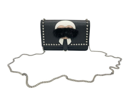 Fendi Shoulder Bag Chain Wallet Karl Lagerfeld Leather Black Silver