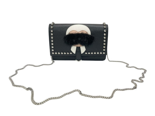 Fendi Shoulder Bag Chain Wallet Karl Lagerfeld Leather Black Silver