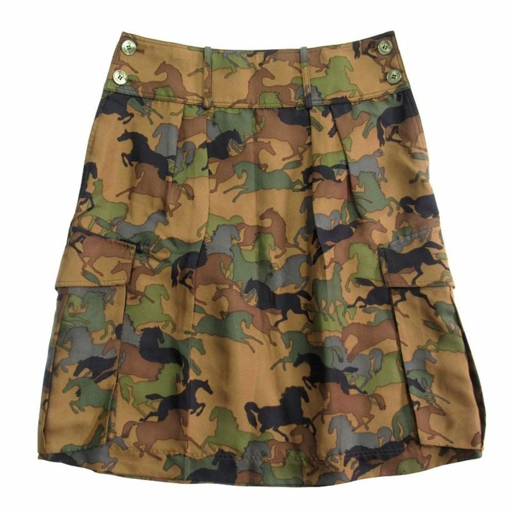 Hermes Horse Camouflage All Over Pattern Cargo Skirt Silk Hose Logo Button 34