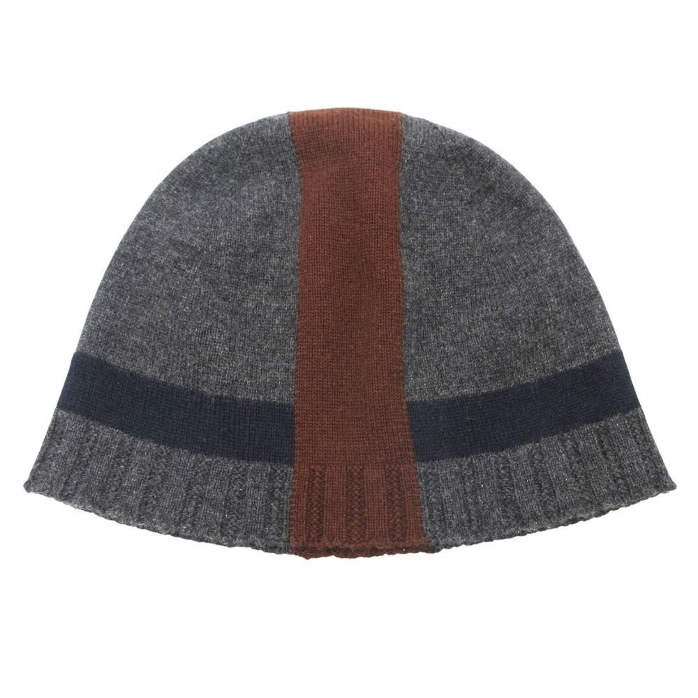Hermes Knit Cap le Mer Era Cashmere Jacquard Border Beanie Hat Charcoal Legre