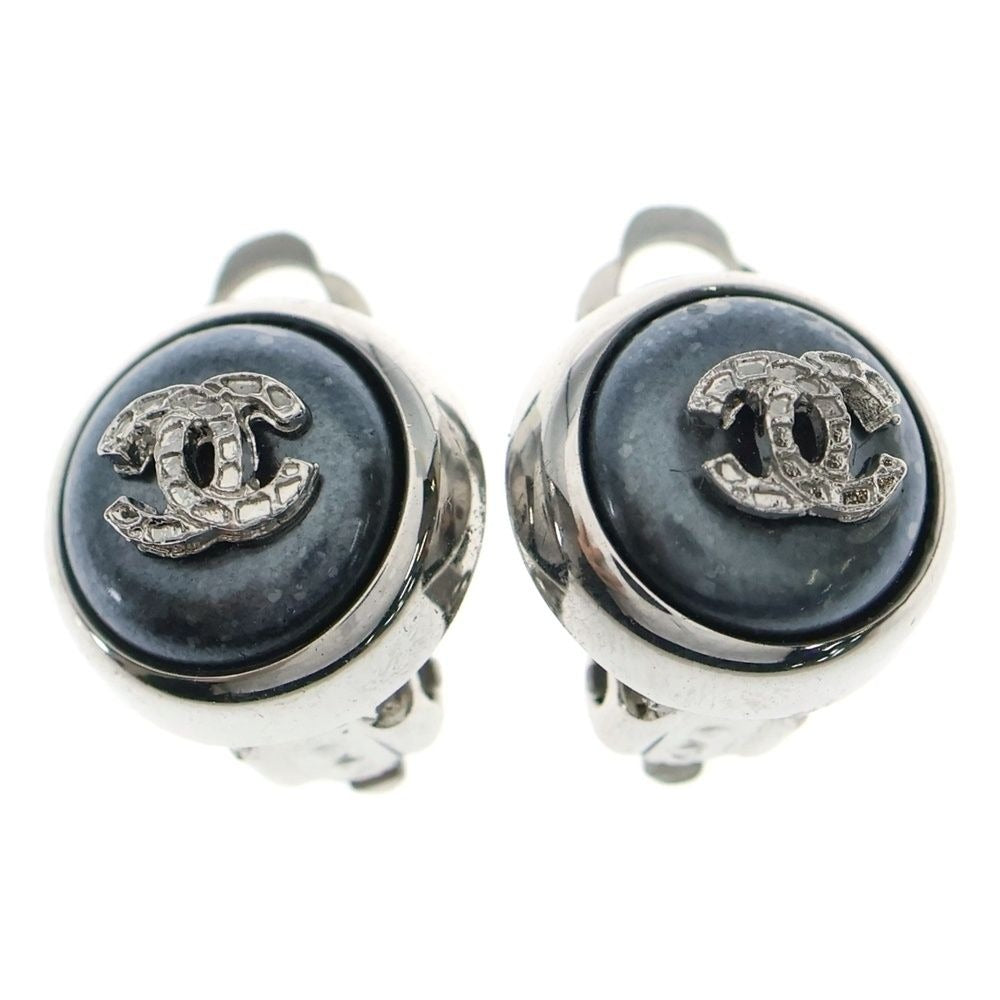 Chanel CC Logo Metal Earrings Silver Navy