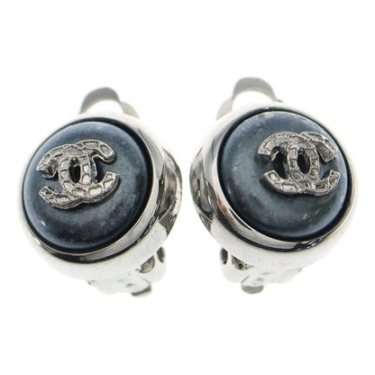 Chanel CC Logo Metal Earrings Silver Navy