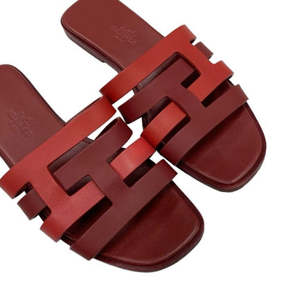 Hermes Amica Sandals Shoes Leather Wine Red Flat Sandals Mules