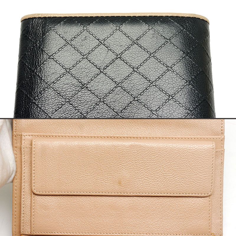Chanel Trifold Long Wallet Bicolore Black Leather Women's Wallet