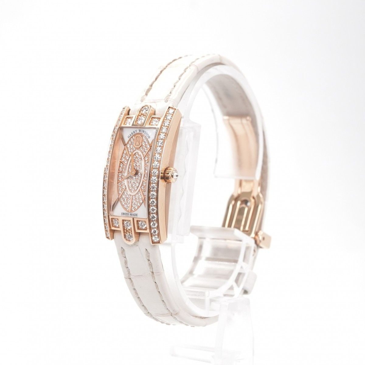 Harry Winston Avenue-c Mini Elliptic Watch Leather 18k Rose Gold 18k Pink Case