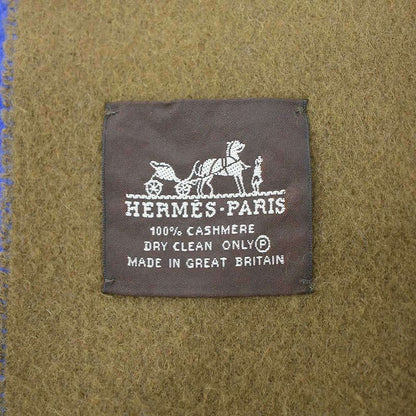 Hermes Logo Embroidery Bicolor Cashmere Fringe Scarf Blue Brown