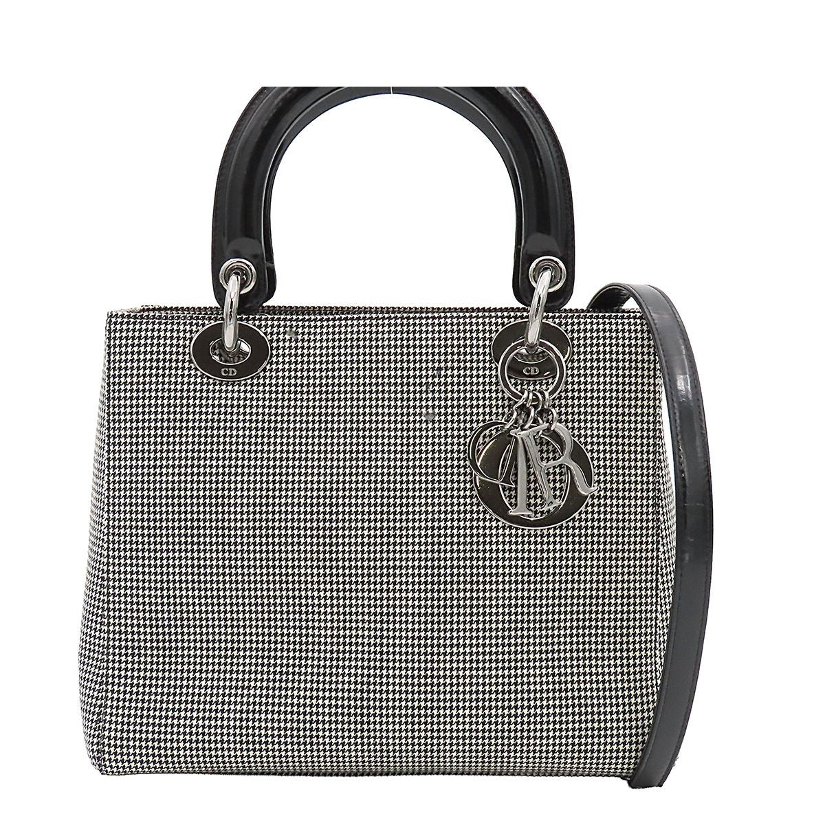 Dior Medium 2-Way Handbag Houndstooth Black White Canvas Leather