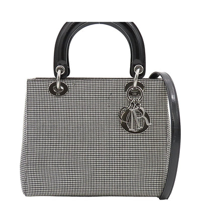Dior Medium 2-Way Handbag Houndstooth Black White Canvas Leather