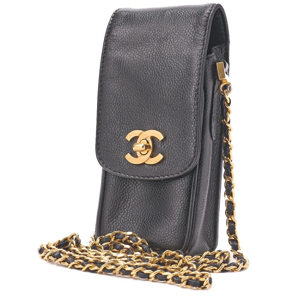 Chanel Shoulder Bag Pouch Caviar Skin Black Gold Hardware Turnlock Vertical