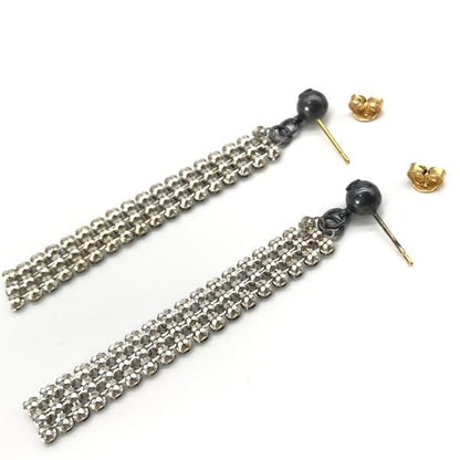 Chanel CC Logo Fringe Line Stone Earrings Black Silver