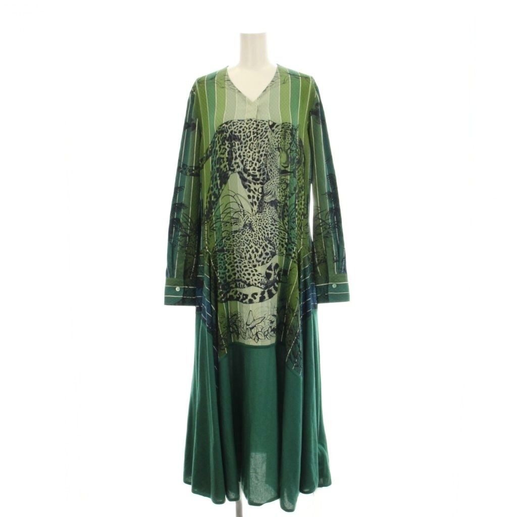 Hermes Jungle Love Shirt Dress Long Sleeve Long Silk Cashmere 36 Green