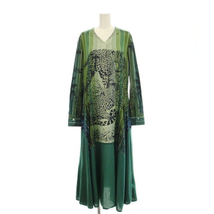 Hermes Jungle Love Shirt Dress Long Sleeve Long Silk Cashmere 36 Green