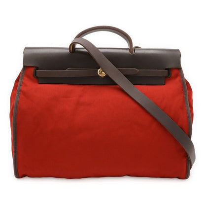 Hermes Herbag Her Bag MM Shoulder Pochette Canvas Leather Red Orange Dark