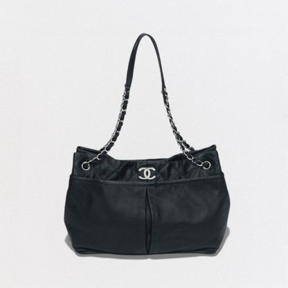 Chanel Quilted Bag Tote Leather Black Silver Hardware Coco