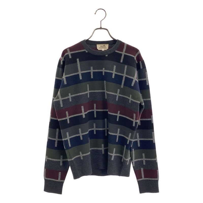Hermes 100% Cashmere Line Pattern Crew Neck Knit S Gray Navy Bordeaux