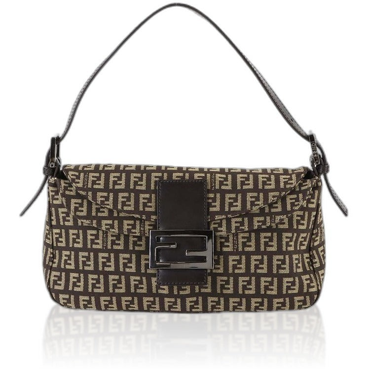 Fendi Zucchino Mamma Bucket Shoulder Bag Canvas Brown Beige Gunmetal