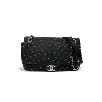 Chanel Bag Shoulder Black Silver Turnlock Single Flap Double