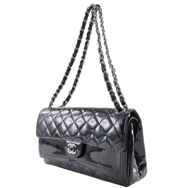 Chanel Chain Shoulder Matelasse Double Flap Patent Leather Black Women's