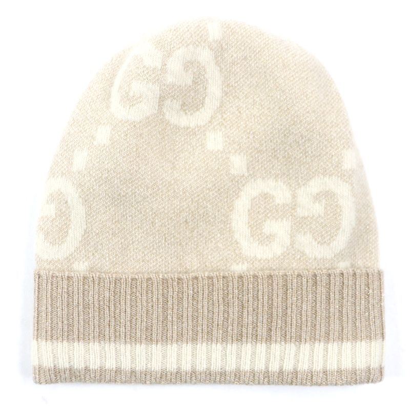 Gucci 765053 GG Cashmere Jacquard Cap Knit Hat Current Camel White M (57 21cm