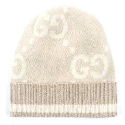 Gucci 765053 GG Cashmere Jacquard Cap Knit Hat Current Camel White M (57 21cm