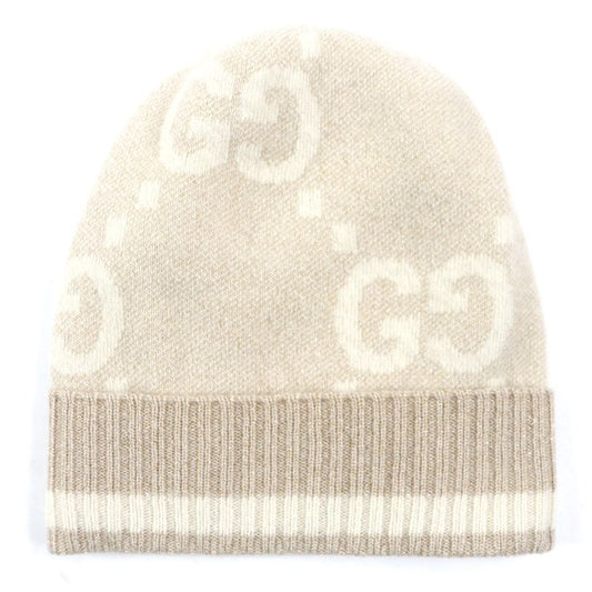 Gucci 765053 GG Cashmere Jacquard Cap Knit Hat Current Camel White M (57 21cm