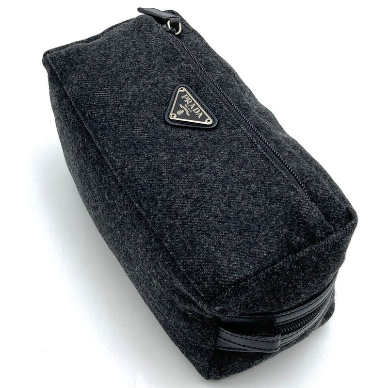 Prada Pouch Clutch Bag Small Bag Gray Wool Triangle Logo Fashion Women Men
