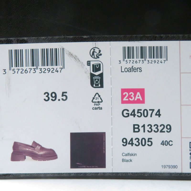 CHANEL 23A G45074 Matelasse Coco Mark Leather Loafers Black Gold Hardware 39.5