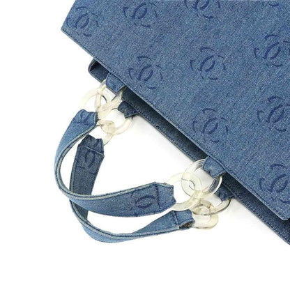 Chanel Plastic Chain Tote Bag Denim Blue Vintage Silver Hardware Coco Mark Tote