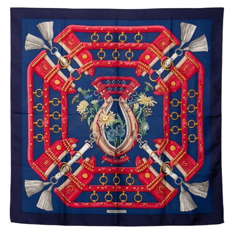 Hermes Carre 90 aux Champs To The Field Navy Multicolor Silk