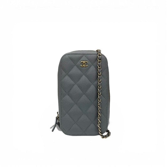 Chanel Shoulder Bag Gray Gold CC Logo Quilted Phone Case Mobile Pouch