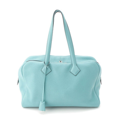Hermes Victoria 35 Taurillon Clemence Silver Handbag Blue Sun Seal