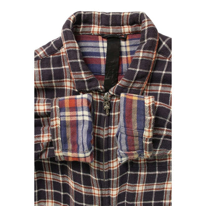Chrome Hearts Not Heywood Daga Zip Up Flannel Check Long Sleeve Shirt Navy- Red — view 3