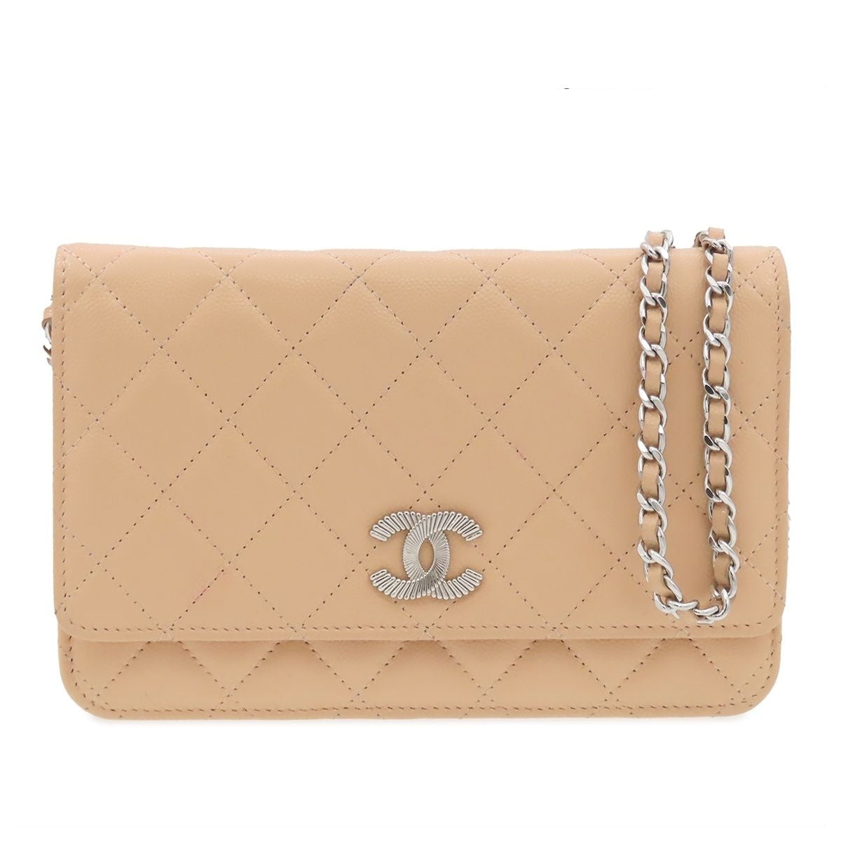 Chanel Chain Wallet Quilted Shoulder Bag Beige Silver Caviar Leather