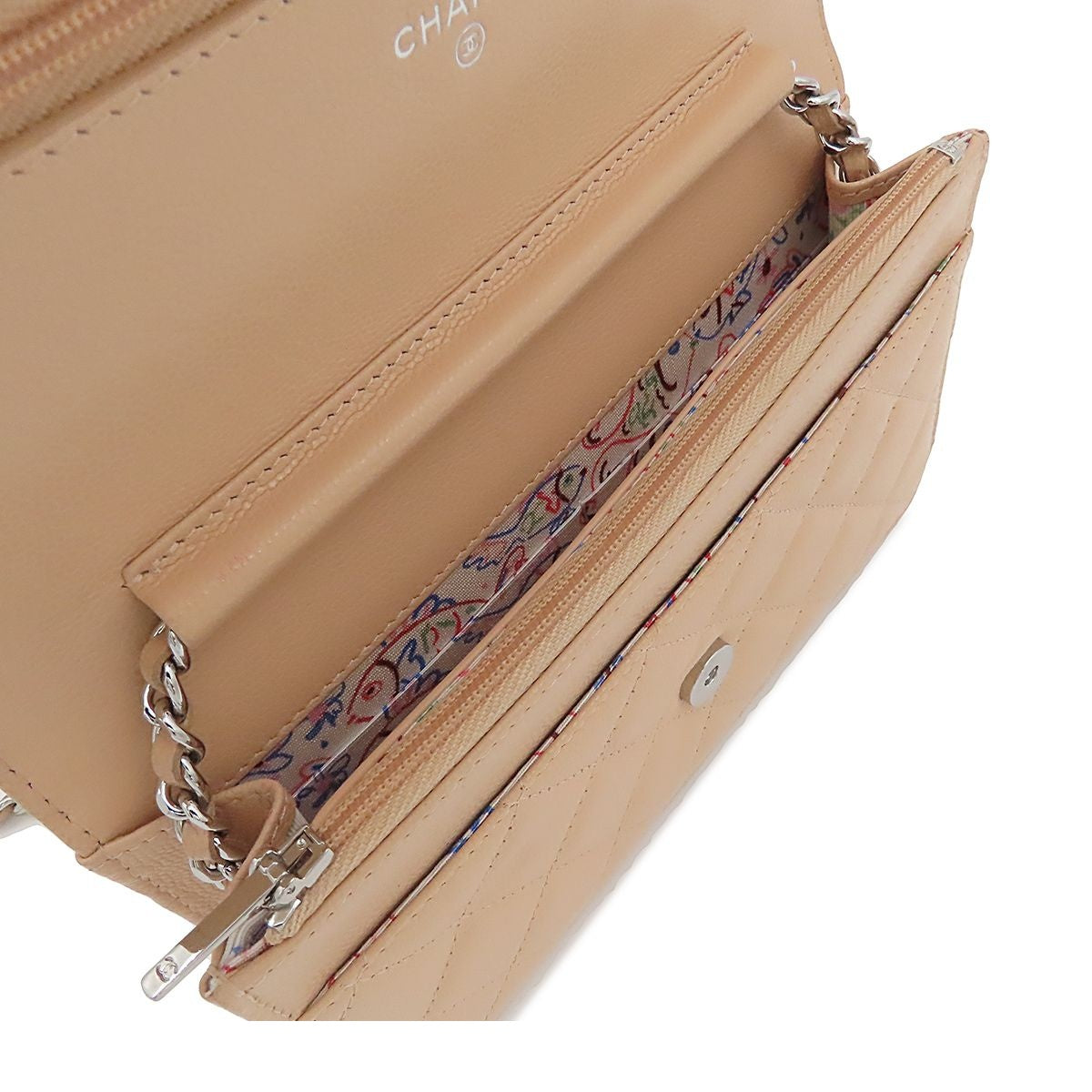 Chanel Chain Wallet Quilted Shoulder Bag Beige Silver Caviar Leather — view 4