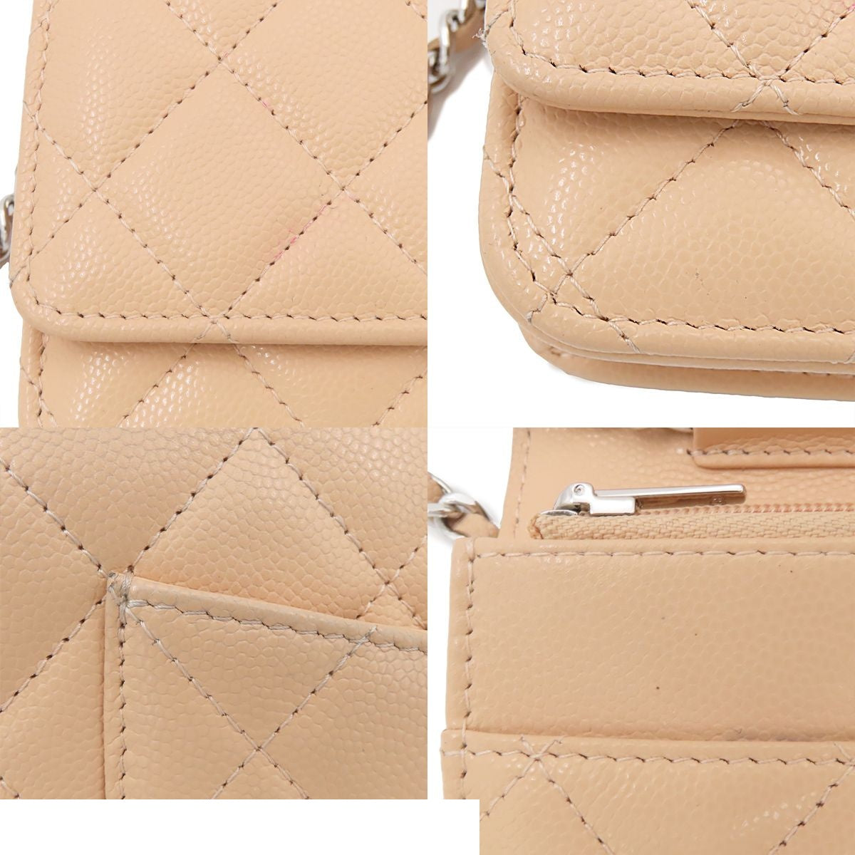 Chanel Chain Wallet Quilted Shoulder Bag Beige Silver Caviar Leather — view 7