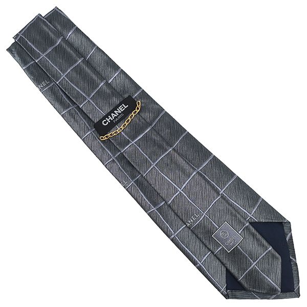 Chanel Necktie Plaid 9cm (3.54in) Silk Gray Silver