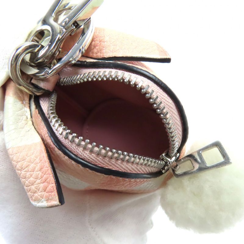 LOEWE Gingham Check Rabbit Charm Leather Coin Case Pink White Silver Hardware
