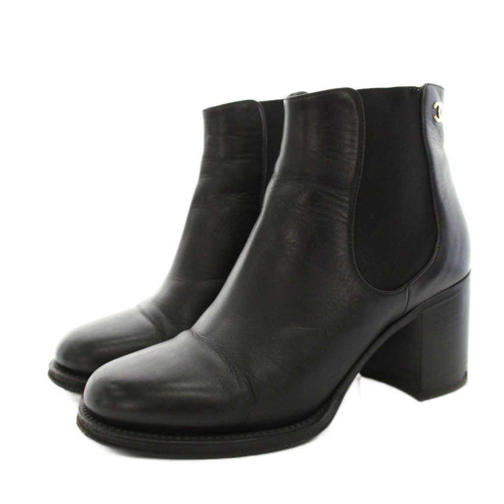Chanel Side Gore Boots Short Leather CC Logo Vibram Sole 36c Black YT