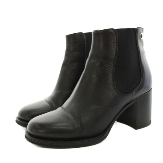 Chanel Side Gore Boots Short Leather CC Logo Vibram Sole 36c Black YT