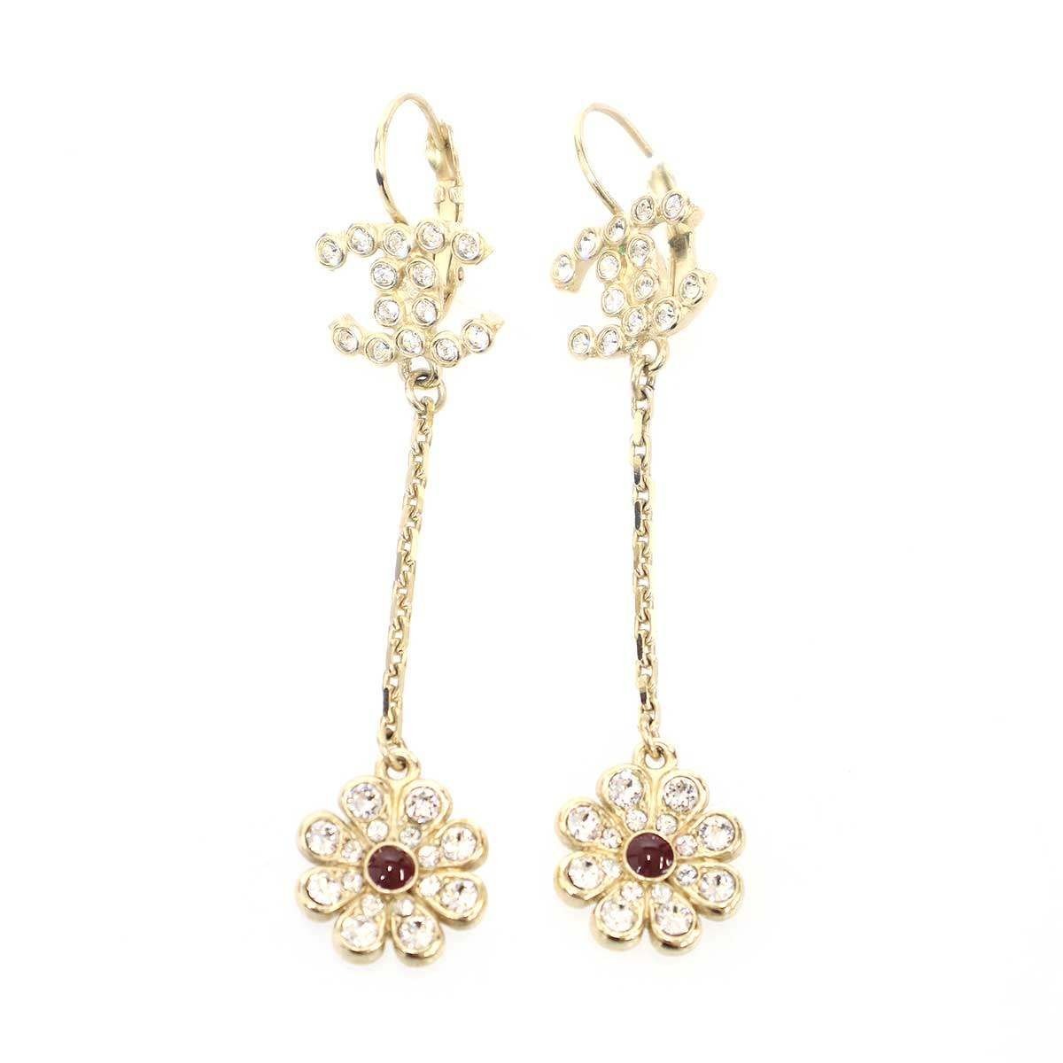 Chanel 18C Rhinestone Flower Earrings Set Gold